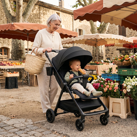 Grand-mère poussant la Flocon au marché du village, enfant assis qui grignote un morceau de pain