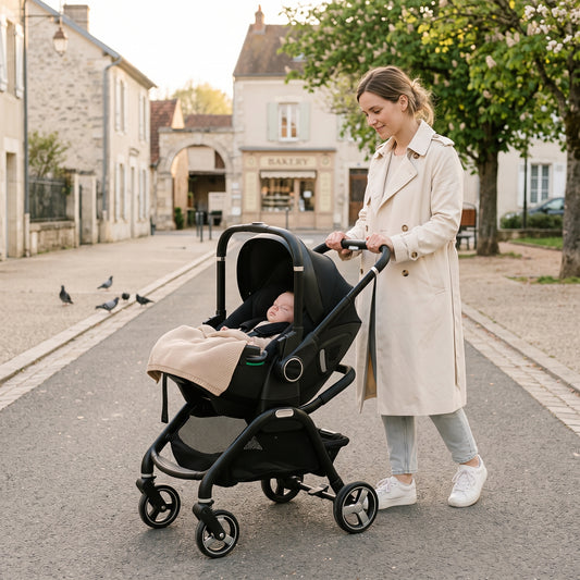 Maman poussant l'Escale dans une rue de village, bébé endormi dans la coque