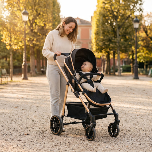 Poussette Céleste – Poussette haute pliable, noir et doré
