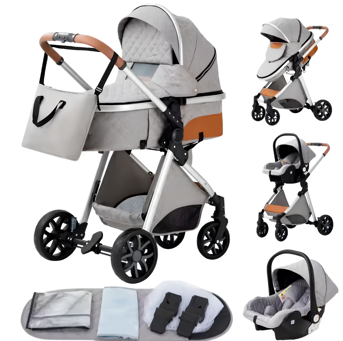 Poussette 3 en 1 Solène – Nacelle matelassée, siège réversible et coque