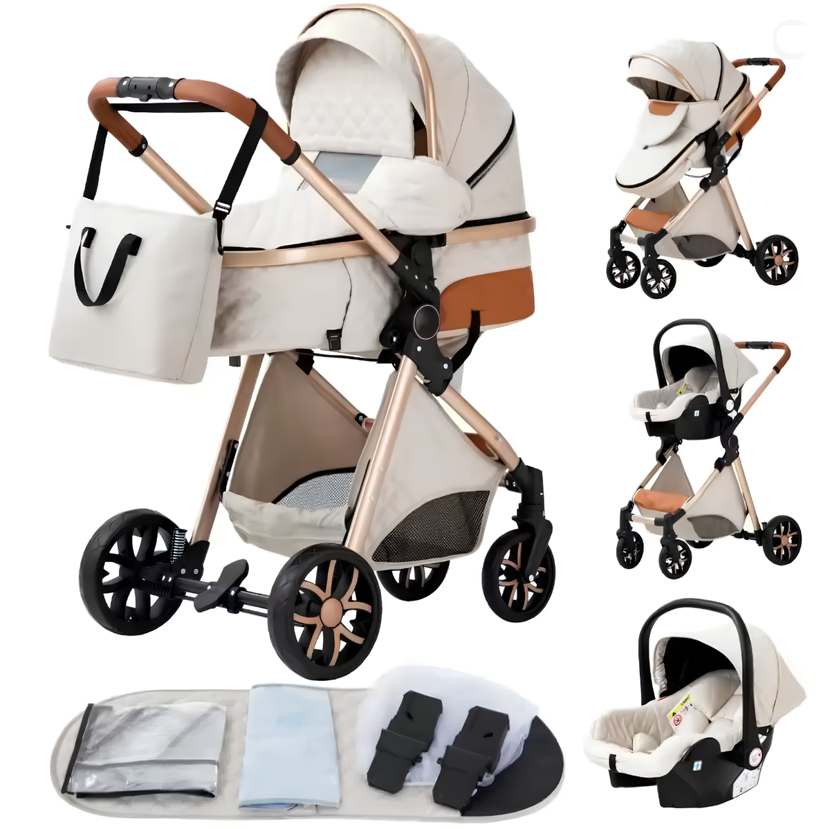 Poussette 3 en 1 Solène – Nacelle matelassée, siège réversible et coque