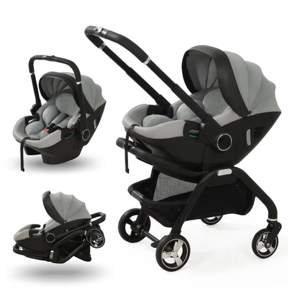 Coque-poussette Escale Gris perle : sur le châssis, coque seule et châssis plié