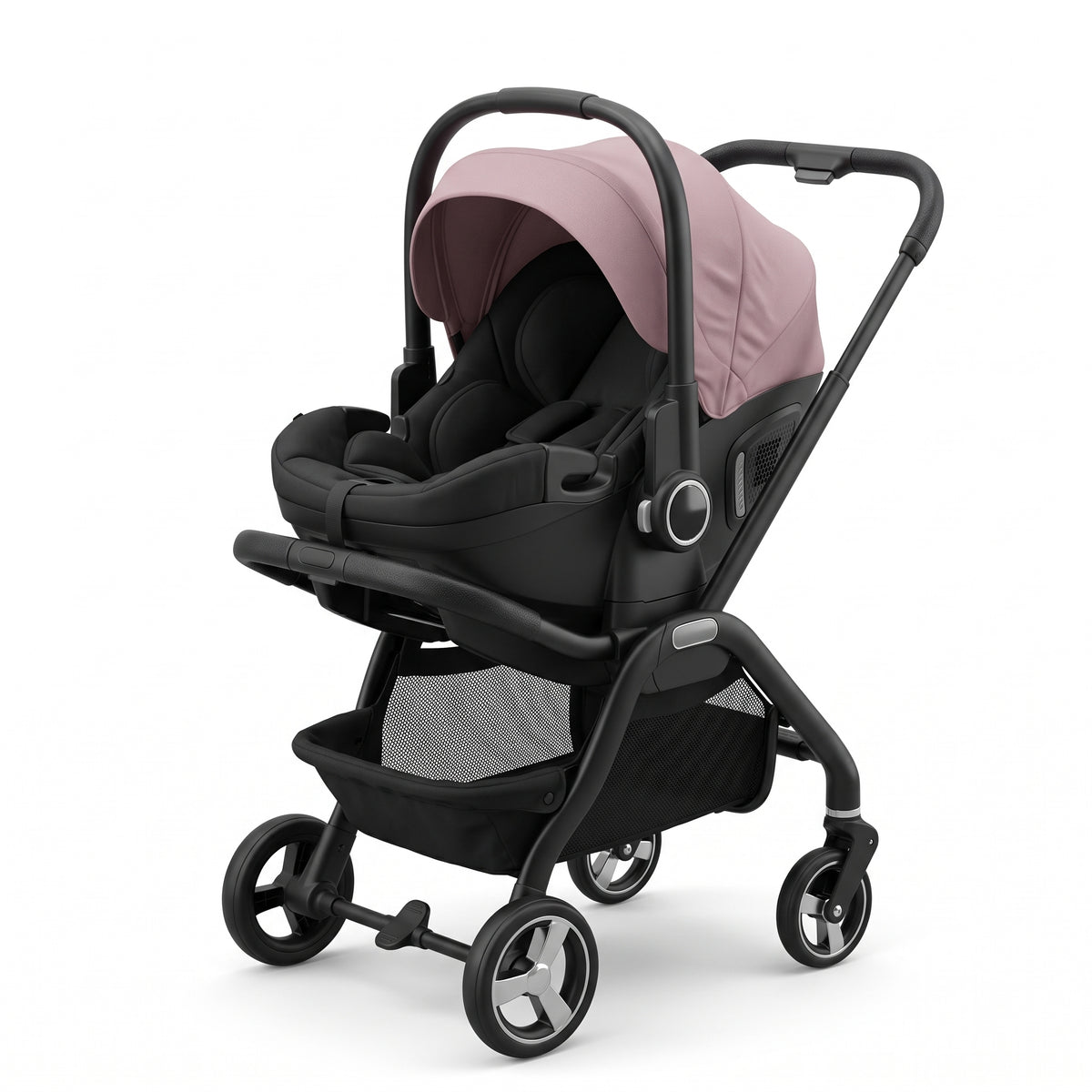Coque-poussette Escale Rose poudré, coque posée sur le châssis