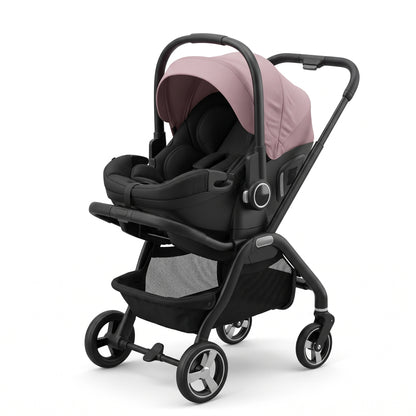 Coque-poussette Escale Rose poudré, coque posée sur le châssis