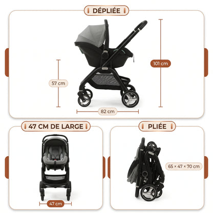Dimensions de l'Escale : 82 × 47 × 101 cm, coque à 57 cm du sol, pliée 65 × 47 × 70 cm