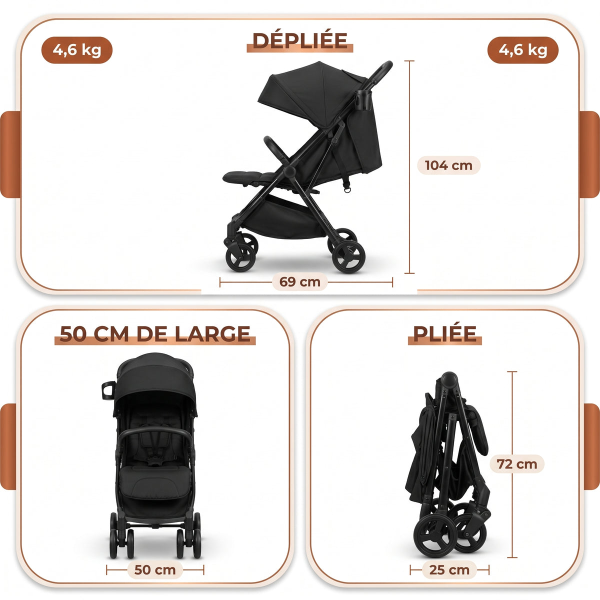 Dimensions de la Flocon : 69 × 50 × 104 cm, pliée 72 × 50 × 25 cm, 4,6 kg