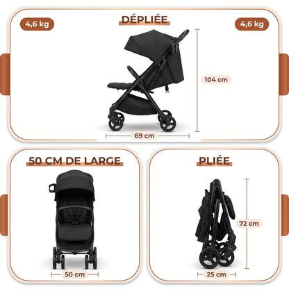Dimensions de la Flocon : 69 × 50 × 104 cm, pliée 72 × 50 × 25 cm, 4,6 kg