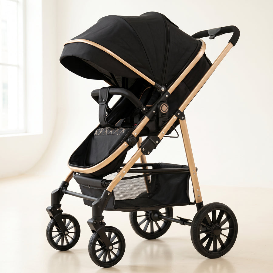 Poussette Céleste – Poussette haute pliable, noir et doré