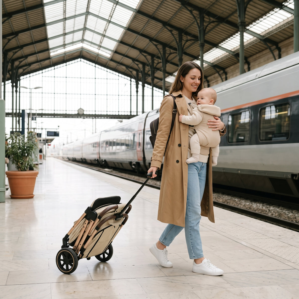 Maman tirant la Brise pliée comme une valise sur un quai de gare, bébé en porte-bébé