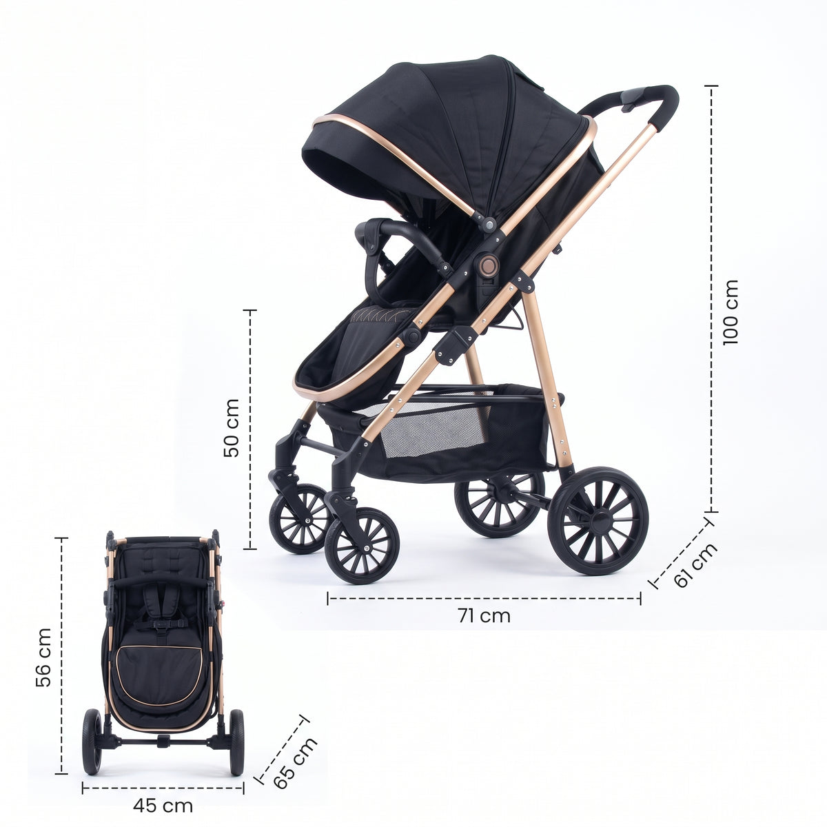 Poussette Céleste – Poussette haute pliable, noir et doré