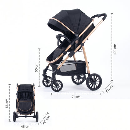 Poussette Céleste – Poussette haute pliable, noir et doré