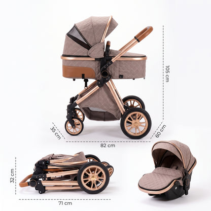 Poussette 3 en 1 Solène – Nacelle matelassée, siège réversible et coque
