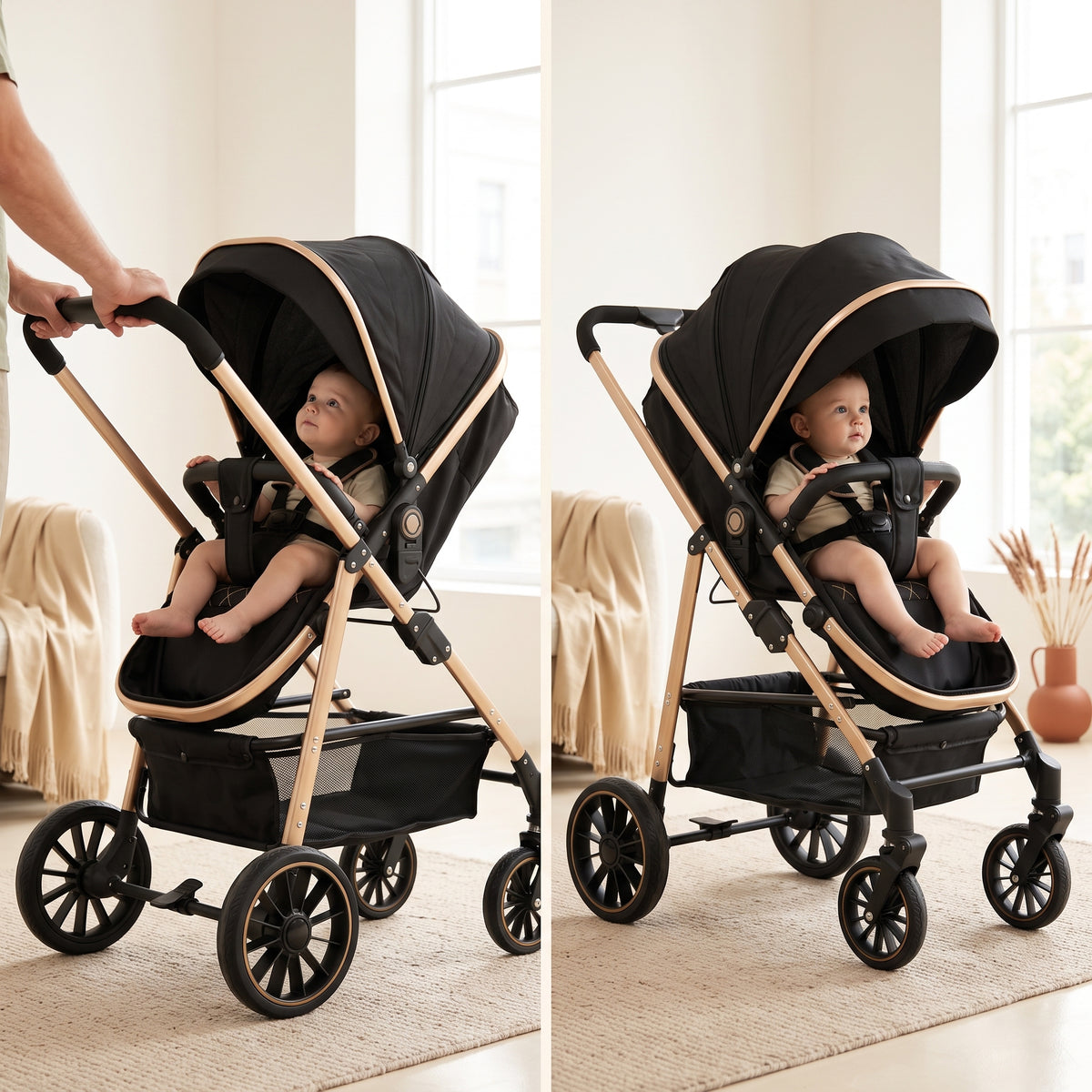 Poussette Céleste – Poussette haute pliable, noir et doré