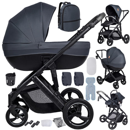 Poussette 3 en 1 Sienna Ardoise : nacelle rigide, siège, coque et trousseau complet