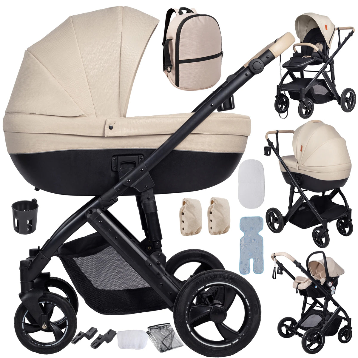 Poussette 3 en 1 Sienna Ivoire : nacelle rigide, siège, coque et trousseau complet