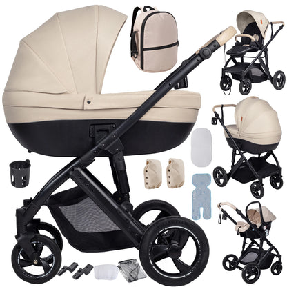 Poussette 3 en 1 Sienna Ivoire : nacelle rigide, siège, coque et trousseau complet