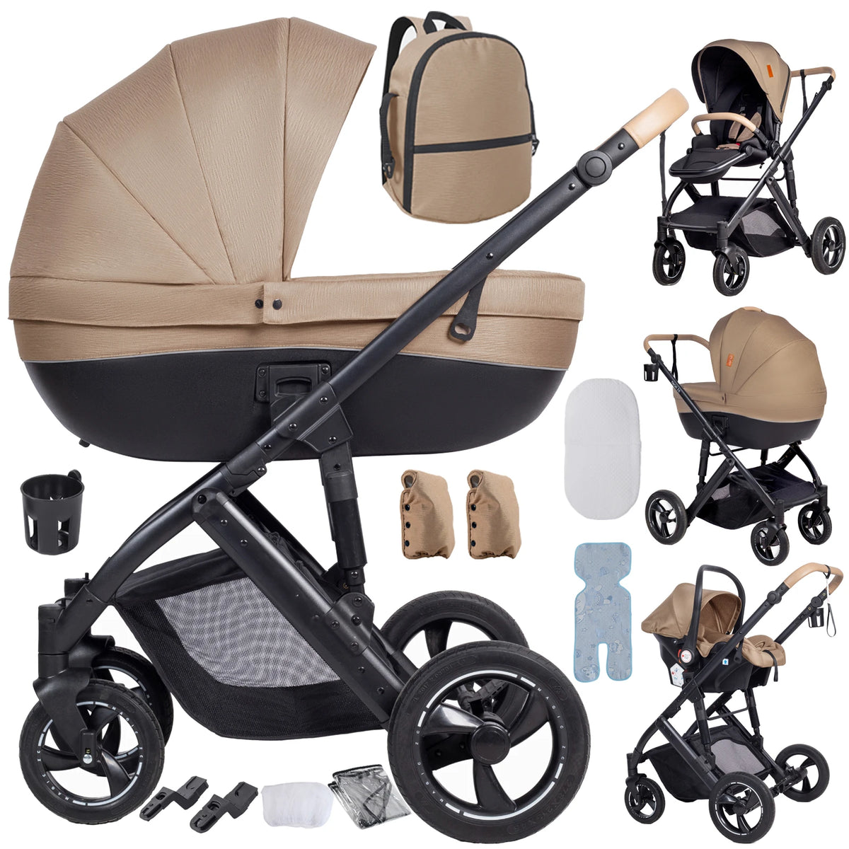 Poussette 3 en 1 Sienna Moka : nacelle rigide, siège, coque et trousseau complet
