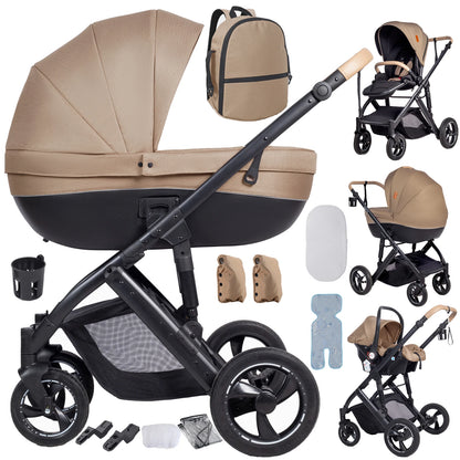 Poussette 3 en 1 Sienna Moka : nacelle rigide, siège, coque et trousseau complet