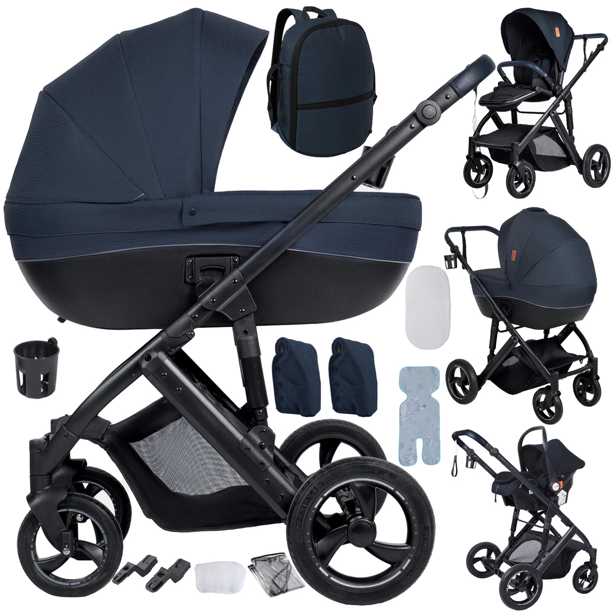 Poussette 3 en 1 Sienna Bleu nuit : nacelle rigide, siège, coque et trousseau complet