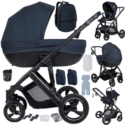 Poussette 3 en 1 Sienna Bleu nuit : nacelle rigide, siège, coque et trousseau complet