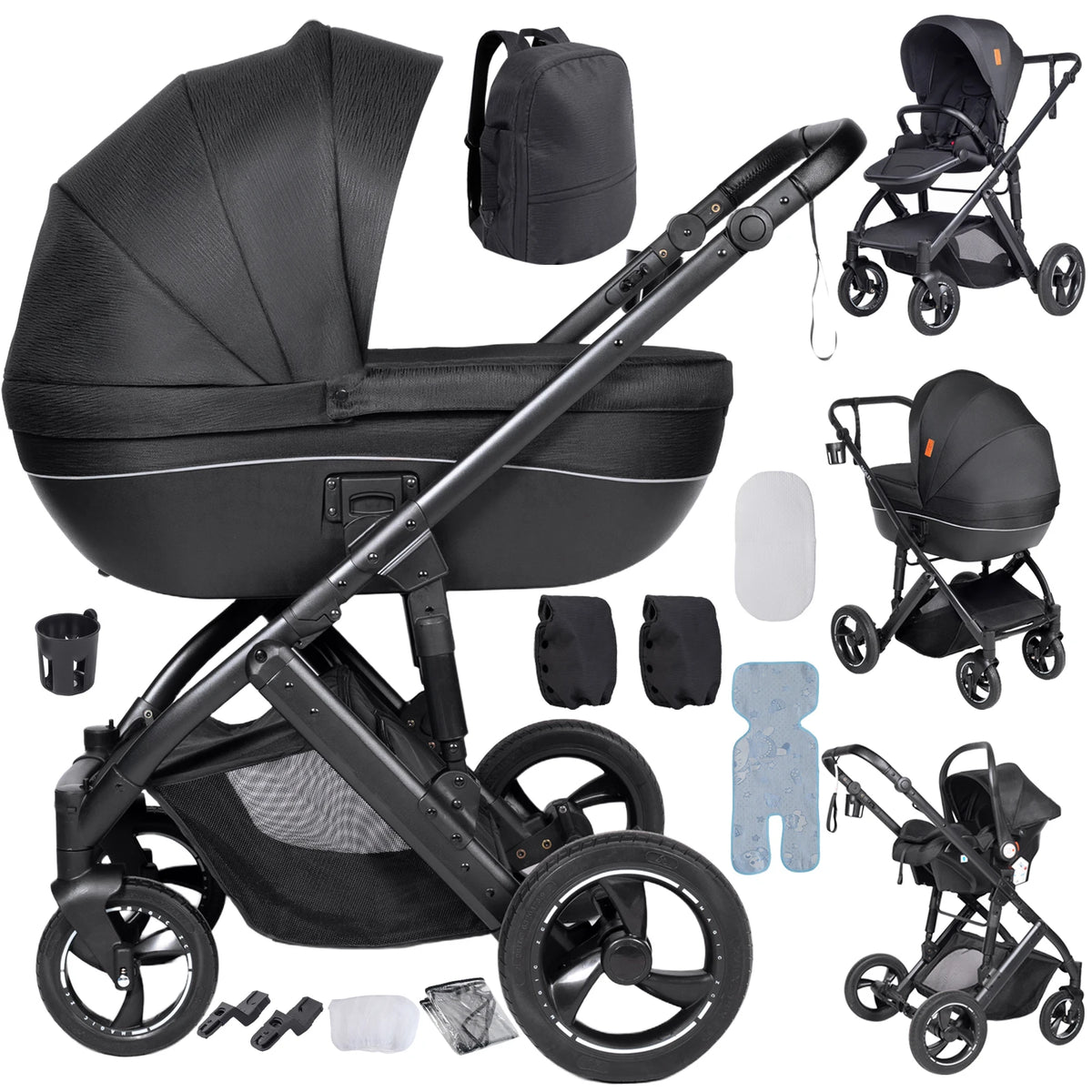 Poussette 3 en 1 Sienna Noir profond : nacelle rigide, siège, coque et trousseau complet