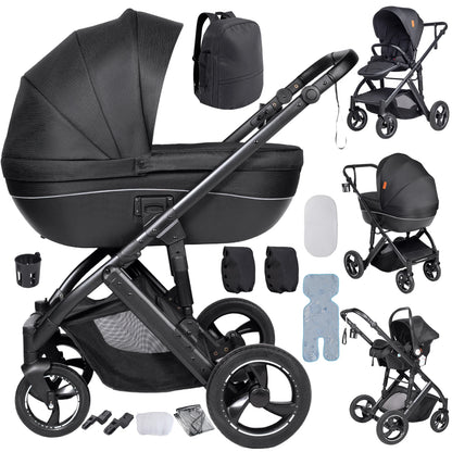Poussette 3 en 1 Sienna Noir profond : nacelle rigide, siège, coque et trousseau complet