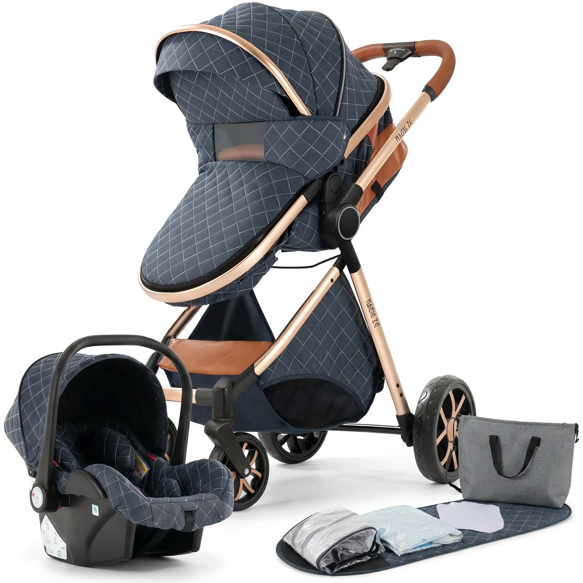 Poussette 3 en 1 Solène coloris Bleu nuit, avec sa coque bébé et ses accessoires