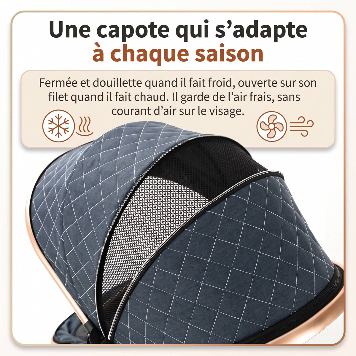Capote de la Solène avec fenêtre en filet : fermée quand il fait froid, ouverte quand il fait chaud