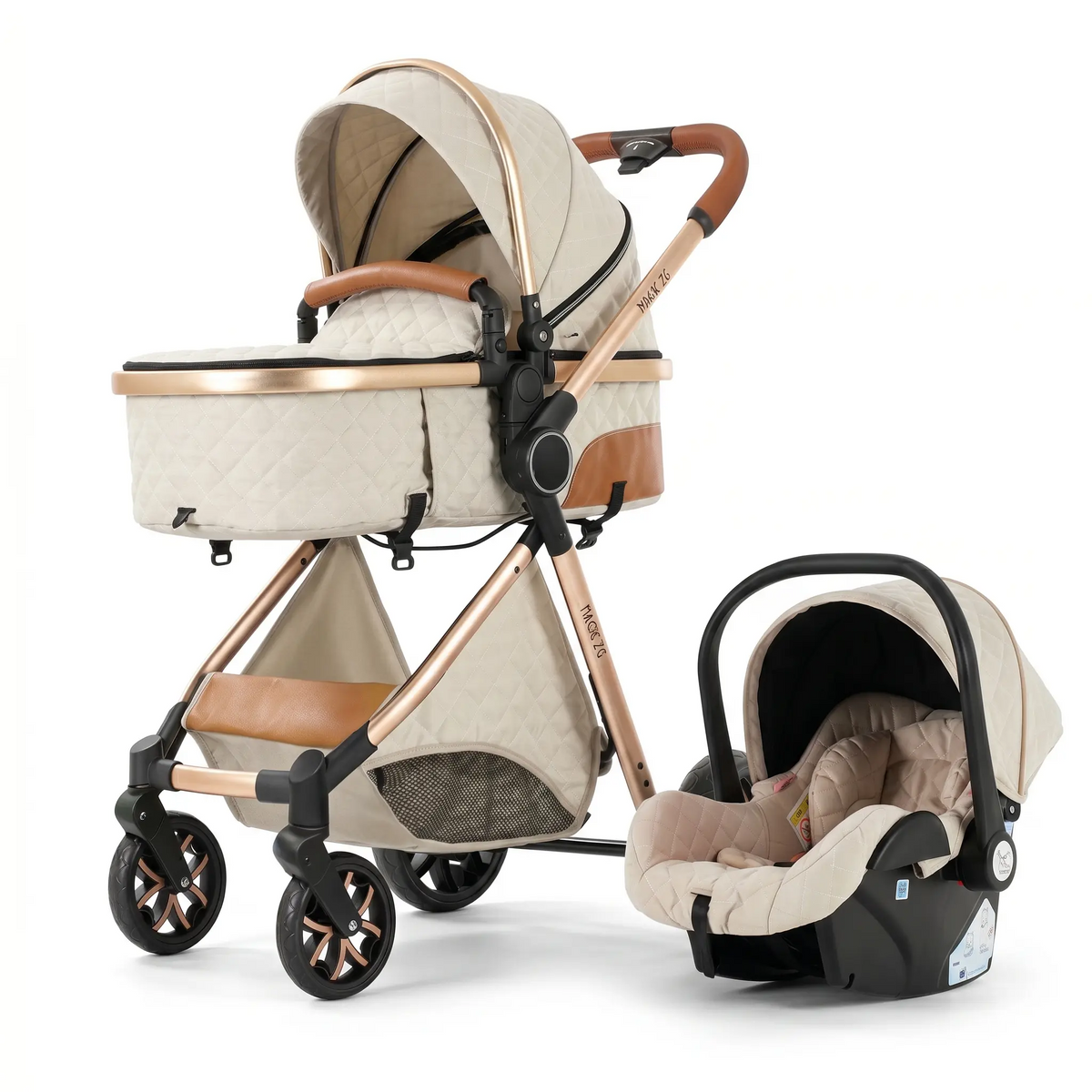 Poussette 3 en 1 Solène coloris Crème en mode nacelle, avec sa coque bébé