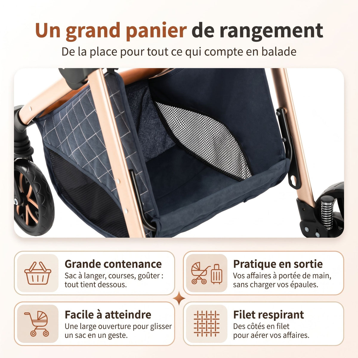 Grand panier de rangement sous l'assise de la Solène, avec côtés en filet