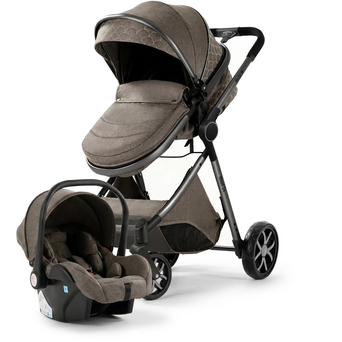 Poussette 3 en 1 Solène coloris Moka, cadre noir, avec sa coque bébé