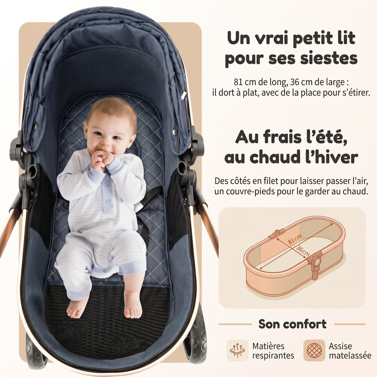 Bébé allongé dans la Solène : 81 cm de long, 36 cm de large, un vrai petit lit pour ses siestes